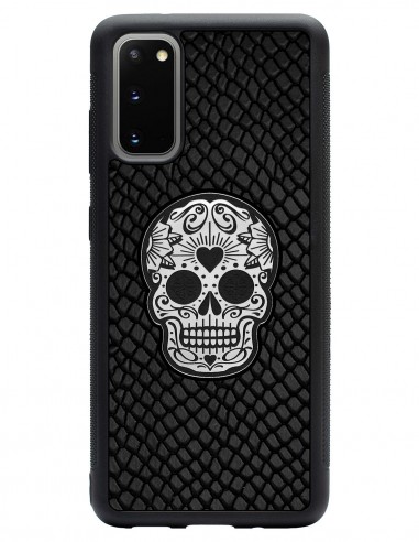 Etui premium skórzane, case na smartfon SAMSUNG GALAXY S20. Skóra iguana czarna ze srebrną czaszką.