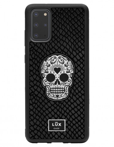 Etui premium skórzane, case na smartfon SAMSUNG GALAXY S20 PLUS. Skóra iguana czarna ze srebrną blaszką i czaszką.