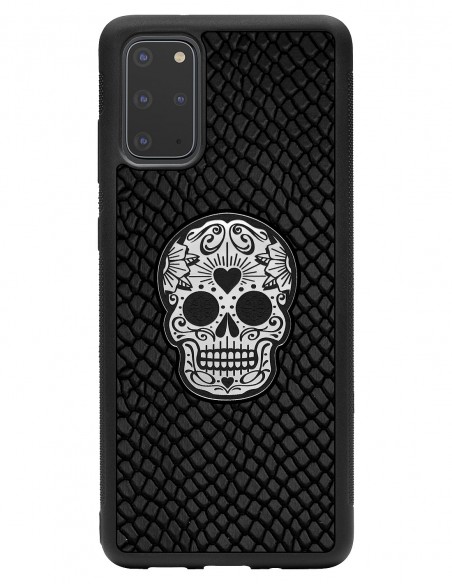 Etui premium skórzane, case na smartfon SAMSUNG GALAXY S20 PLUS. Skóra iguana czarna ze srebrną czaszką.