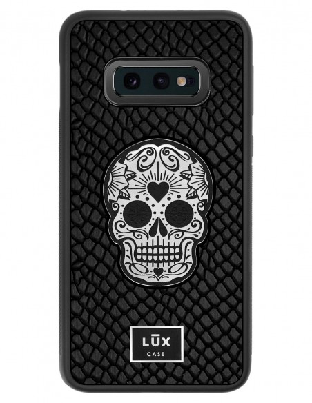 Etui premium skórzane, case na smartfon SAMSUNG GALAXY S10E. Skóra iguana czarna ze srebrną blaszką i czaszką.