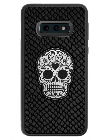 Etui premium skórzane, case na smartfon SAMSUNG GALAXY S10E. Skóra iguana czarna ze srebrną czaszką.