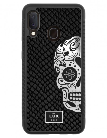 Etui premium skórzane, case na smartfon SAMSUNG GALAXY A20E. Skóra iguana czarna ze srebrną blaszką i czaszką.