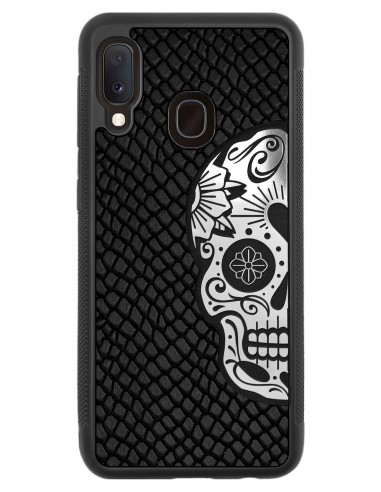 Etui premium skórzane, case na smartfon SAMSUNG GALAXY A20E. Skóra iguana czarna ze srebrną blaszką i czaszką.