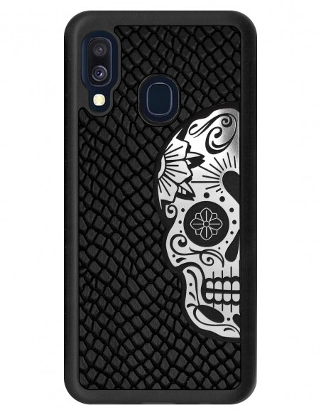 Etui premium skórzane, case na smartfon SAMSUNG GALAXY A40. Skóra iguana czarna ze srebrną czaszką.