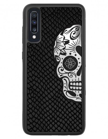 Etui premium skórzane, case na smartfon SAMSUNG GALAXY A70. Skóra iguana czarna ze srebrną czaszką.