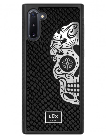 Etui premium skórzane, case na smartfon SAMSUNG GALAXY NOTE 10. Skóra iguana czarna ze srebrną blaszką i czaszką.