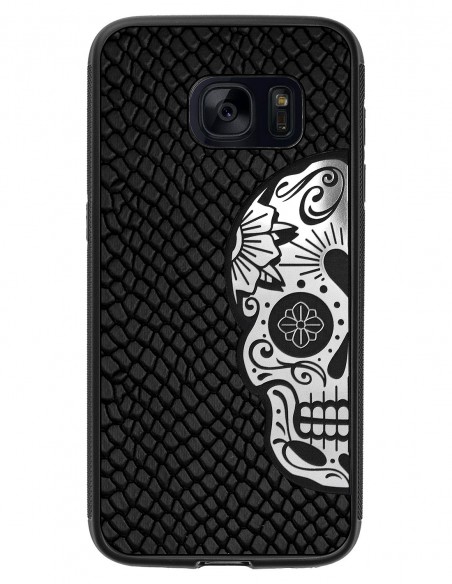 Etui premium skórzane, case na smartfon SAMSUNG GALAXY S7. Skóra iguana czarna ze srebrną czaszką.