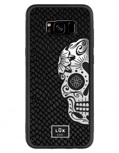Etui premium skórzane, case na smartfon SAMSUNG GALAXY S8 PLUS. Skóra iguana czarna ze srebrną blaszką i czaszką.
