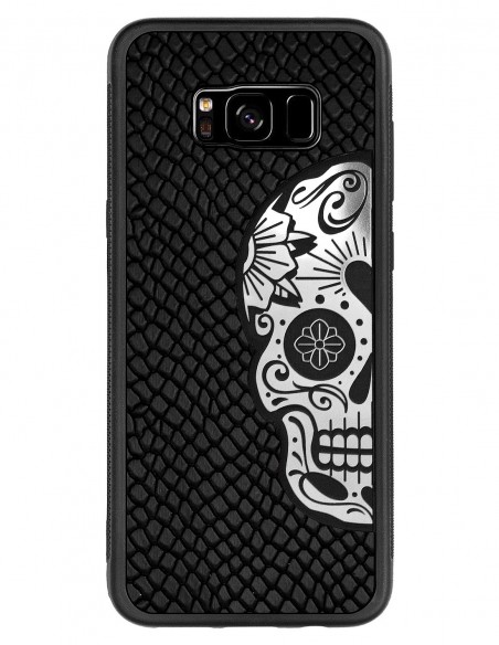 Etui premium skórzane, case na smartfon SAMSUNG GALAXY S8 PLUS. Skóra iguana czarna ze srebrną blaszką czaszką.