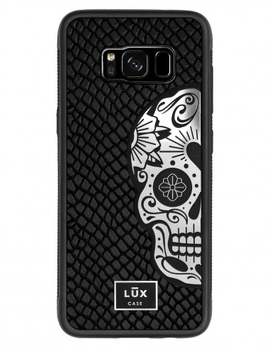 Etui premium skórzane, case na smartfon SAMSUNG GALAXY S8. Skóra iguana czarna ze srebrną blaszką i czaszką.