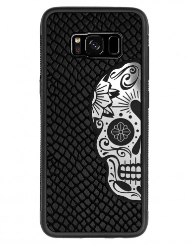 Etui premium skórzane, case na smartfon SAMSUNG GALAXY S8. Skóra iguana czarna ze srebrną czaszką.