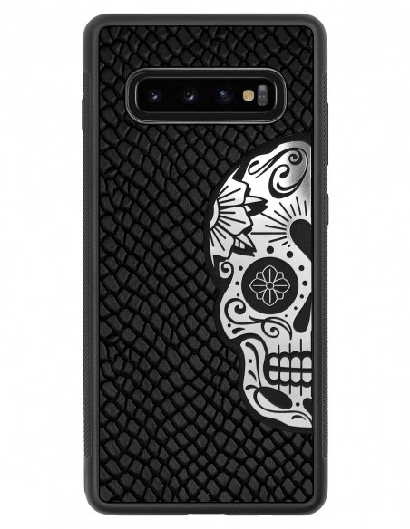 Etui premium skórzane, case na smartfon SAMSUNG GALAXY S10 PLUS. Skóra iguana czarna ze srebrną czaszką.