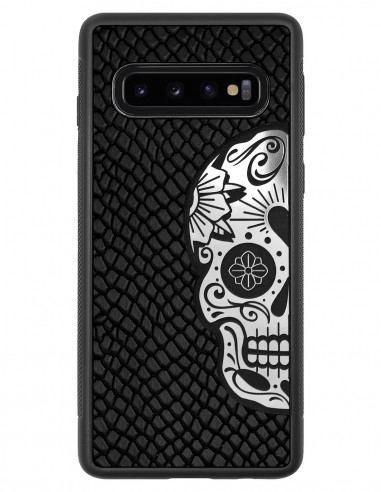 Etui premium skórzane, case na smartfon SAMSUNG GALAXY S10. Skóra iguana czarna ze srebrną czaszką.