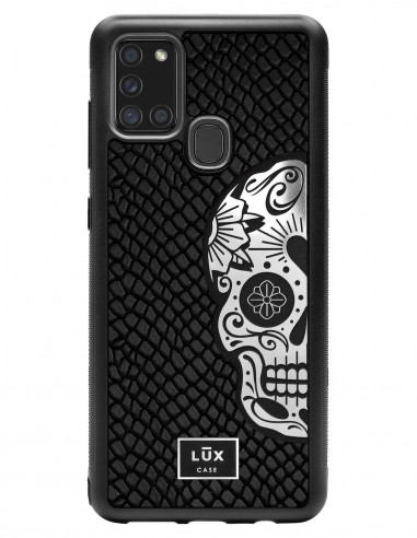 Etui premium skórzane, case na smartfon SAMSUNG GALAXY A21S. Skóra iguana czarna ze srebrną blaszką i czaszką.
