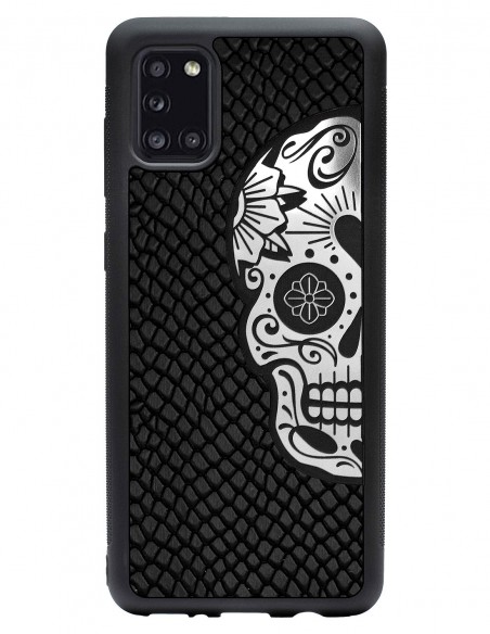 Etui premium skórzane, case na smartfon SAMSUNG GALAXY A31. Skóra iguana czarna ze srebrną czaszką.