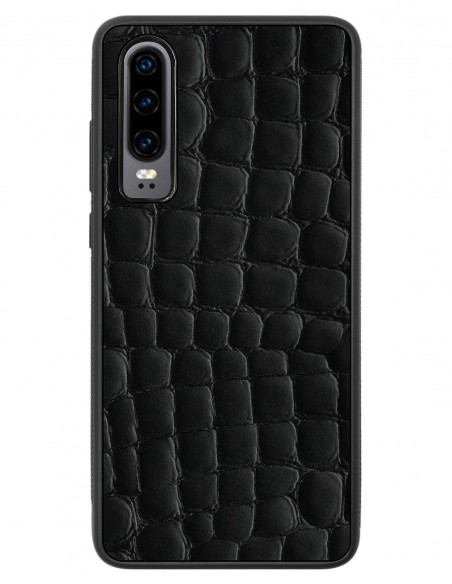 Etui premium skórzane, case na smartfon HUAWEI P30. Skóra crocodile czarna.