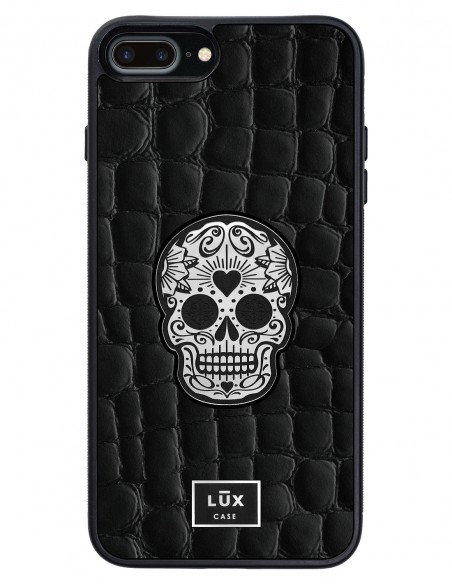Etui premium skórzane, case na smartfon APPLE iPhone 7 PLUS. Skóra crocodile czarna ze srebrną blaszką i czaszką.