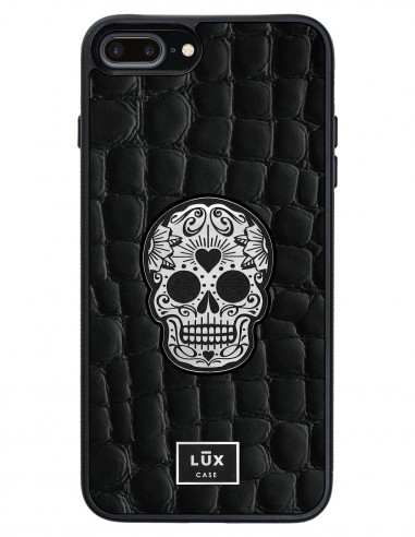 Etui premium skórzane, case na smartfon APPLE iPhone 8 PLUS. Skóra crocodile czarna ze srebrną blaszką i czaszką.