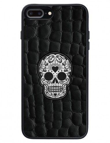 Etui premium skórzane, case na smartfon APPLE iPhone 8 PLUS. Skóra crocodile czarna ze srebrną czaszką.