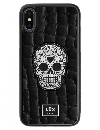 Etui premium skórzane, case na smartfon APPLE iPhone X. Skóra crocodile czarna ze srebrną blaszką i czaszką.