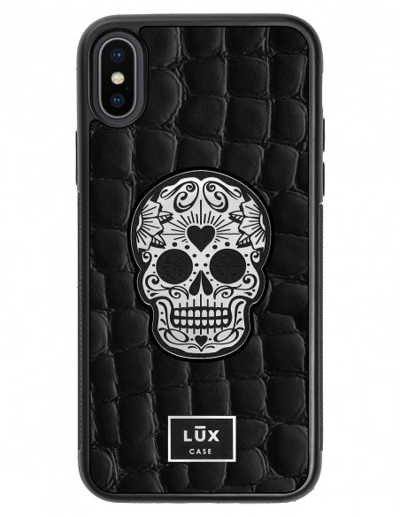 Etui premium skórzane, case na smartfon APPLE iPhone X. Skóra crocodile czarna ze srebrną blaszką i czaszką.