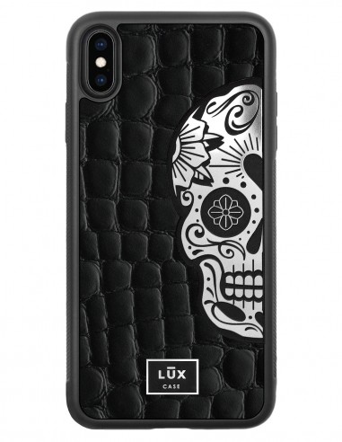 Etui premium skórzane, case na smartfon APPLE iPhone XS MAX. Skóra crocodile czarna ze srebrną blaszką i czaszką.