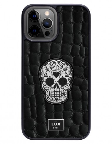 Etui premium skórzane, case na smartfon APPLE iPhone 12 PRO MAX. Skóra crocodile czarna ze srebrną blaszką i czaszką.