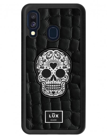 Etui premium skórzane, case na smartfon SAMSUNG GALAXY A40. Skóra crocodile czarna ze srebrną blaszką i czaszką.