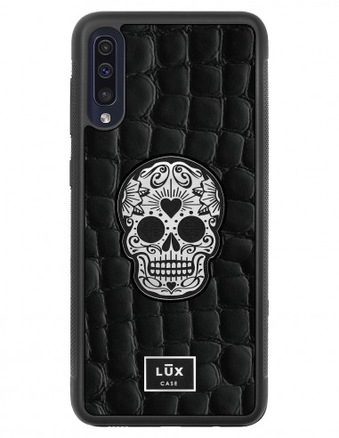 Etui premium skórzane, case na smartfon SAMSUNG GALAXY A50. Skóra crocodile czarna ze srebrną blaszką i czaszką.