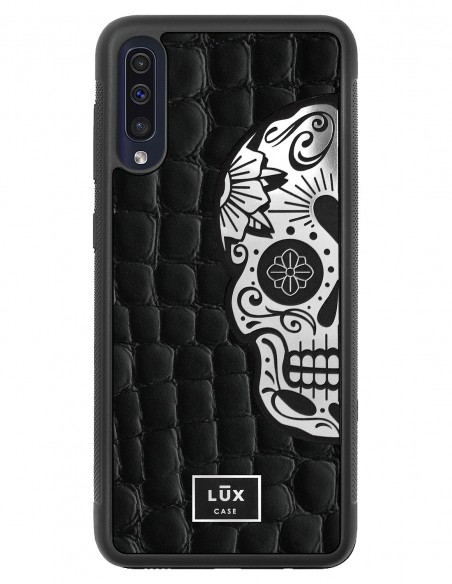 Etui premium skórzane, case na smartfon SAMSUNG GALAXY A50. Skóra crocodile czarna ze srebrną blaszką i czaszką.