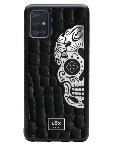 Etui premium skórzane, case na smartfon SAMSUNG GALAXY A51. Skóra crocodile czarna ze srebrną blaszką i czaszką.