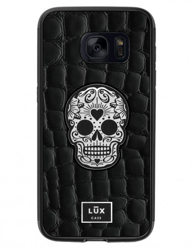 Etui premium skórzane, case na smartfon SAMSUNG GALAXY S7. Skóra crocodile czarna ze srebrną blaszką i czaszką.