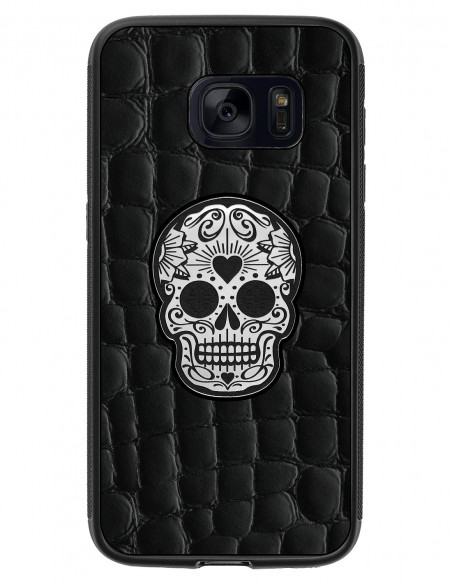 Etui premium skórzane, case na smartfon SAMSUNG GALAXY S7. Skóra crocodile czarna ze srebrną czaszką.