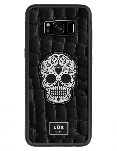 Etui premium skórzane, case na smartfon SAMSUNG GALAXY S8. Skóra crocodile czarna ze srebrną blaszką i czaszką.