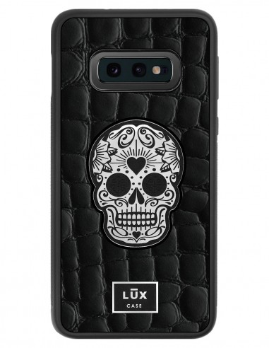 Etui premium skórzane, case na smartfon SAMSUNG GALAXY S10 LITE. Skóra crocodile czarna ze srebrną blaszką i czaszką.