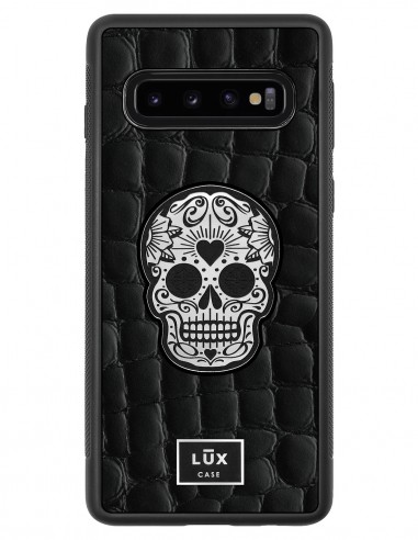 Etui premium skórzane, case na smartfon SAMSUNG GALAXY S10. Skóra crocodile czarna ze srebrną blaszką i czaszką.