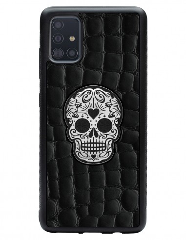 Etui premium skórzane, case na smartfon SAMSUNG GALAXY A51. Skóra crocodile czarna ze srebrną czaszką.