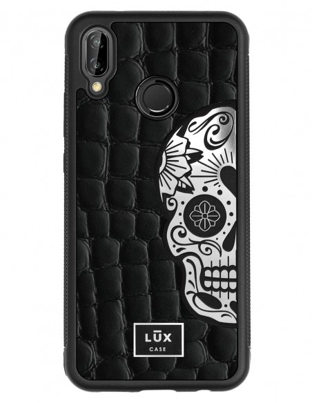 Etui premium skórzane, case na smartfon HUAWEI P20 LITE. Skóra crocodile czarna ze srebrną blaszką i czaszką.