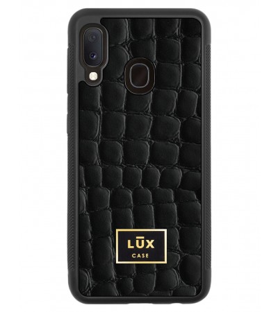 Etui premium skórzane, case na smartfon SAMSUNG GALAXY A20E. Skóra crocodile czarna ze złotą blaszką.