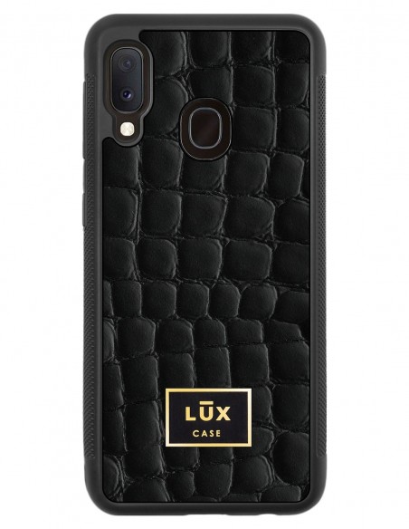 Etui premium skórzane, case na smartfon SAMSUNG GALAXY A20E. Skóra crocodile czarna ze złotą blaszką.