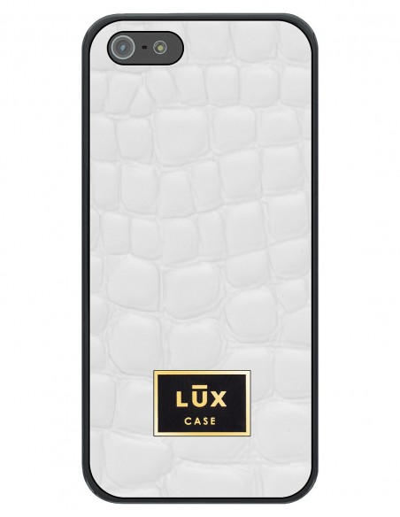 Etui premium skórzane, case na smartfon APPLE iPhone SE (2016). Skóra crocodile biała ze złotą blaszką.