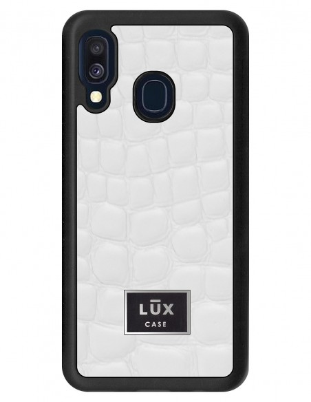 Etui premium skórzane, case na smartfon SAMSUNG GALAXY A40. Skóra crocodile biała ze srebrną blaszką.