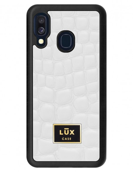 Etui premium skórzane, case na smartfon SAMSUNG GALAXY A40. Skóra crocodile biała ze złotą blaszką.