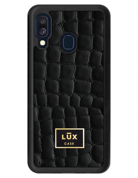 Etui premium skórzane, case na smartfon SAMSUNG GALAXY A40. Skóra crocodile czarna ze złotą blaszką.