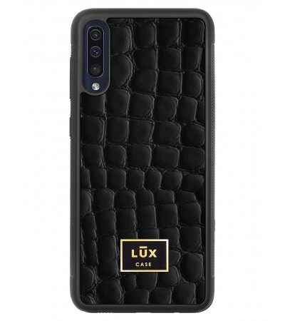 Etui premium skórzane, case na smartfon SAMSUNG GALAXY A50. Skóra crocodile czarna ze złotą blaszką.