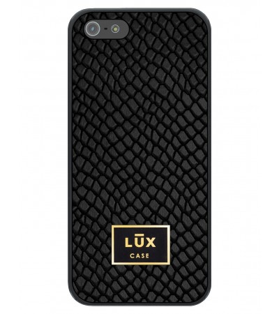 Etui premium skórzane, case na smartfon APPLE iPhone 5. Skóra iguana czarna ze złotą blaszką.