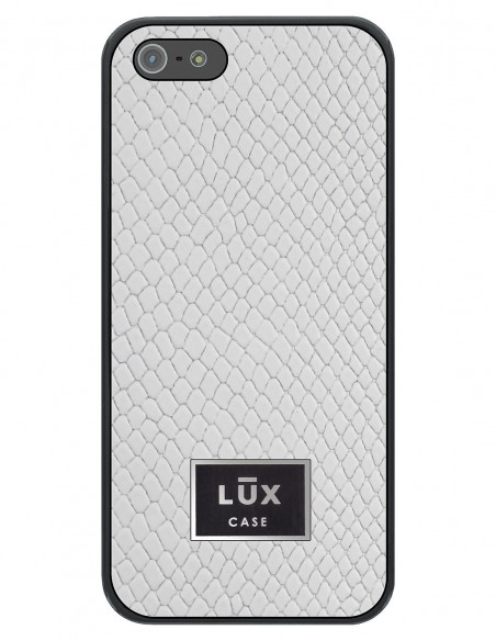 Etui premium skórzane, case na smartfon APPLE iPhone 5. Skóra iguana biała ze srebrną blaszką.