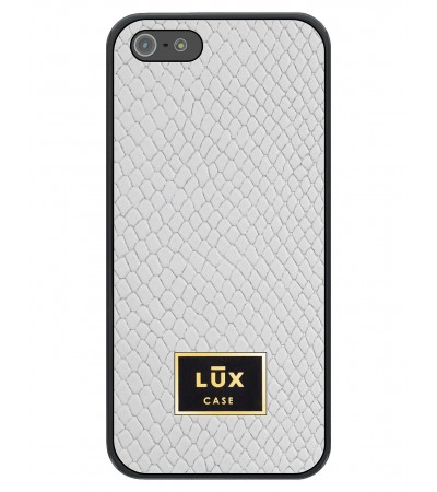 Etui premium skórzane, case na smartfon APPLE iPhone 5. Skóra iguana biała ze złotą blaszką.