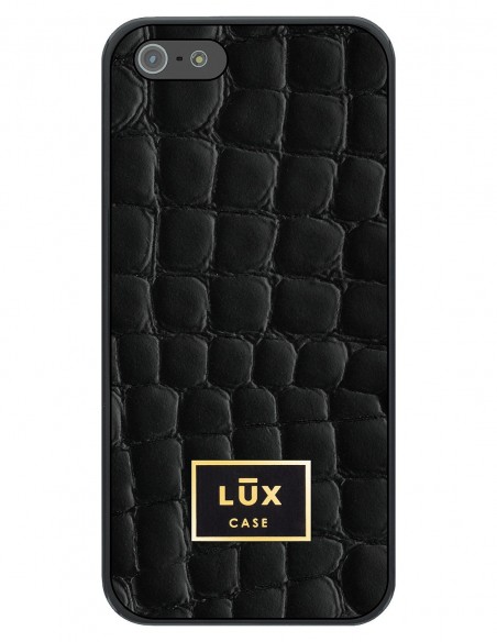 Etui premium skórzane, case na smartfon APPLE iPhone SE (2016). Skóra crocodile czarna ze złotą blaszką.