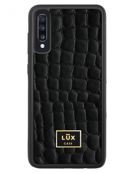 Etui premium skórzane, case na smartfon SAMSUNG GALAXY A70. Skóra crocodile czarna ze złotą blaszką.